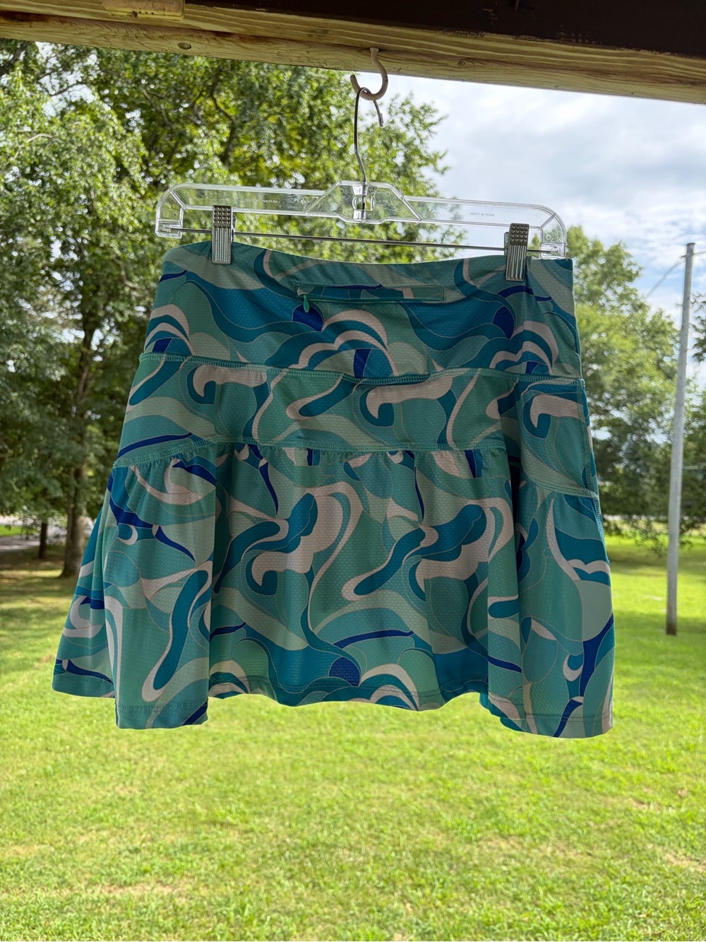 Gottex Teal & Aqua Wave-Print Circle Skort Sz L tennis golf pickleball resort